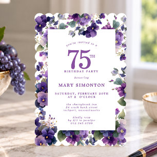 75th Birthday Party Purple Violet Flower Invitation
