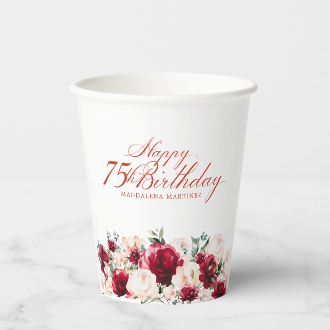 75th Birthday Party Red Rose Pink Peony Custom Paper Cups (Front)