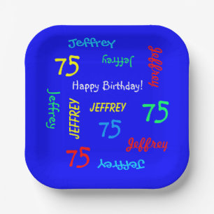 75th Birthday Party Repeat Name Royal Blue Square Paper Plates