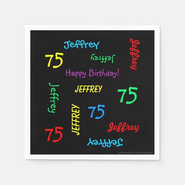 75th Birthday Party Repeating Names Black Paper Napkins (Front)
