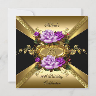 75th Birthday Party Roses Purple Gold Black Invitation