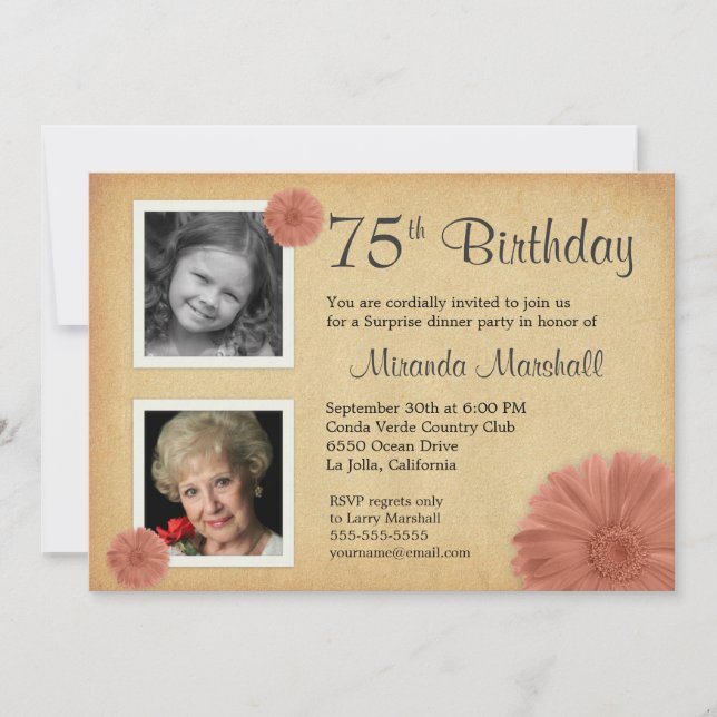 75th Birthday Party Rustic Daisy 2 Photo Invites (Front)