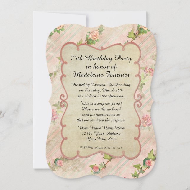 75th Birthday Party Scroll Frame w Vintage Roses Invitation (Front)