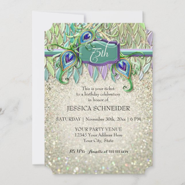 75th Birthday Party Ticket Peacock Feather Invitation (Front)
