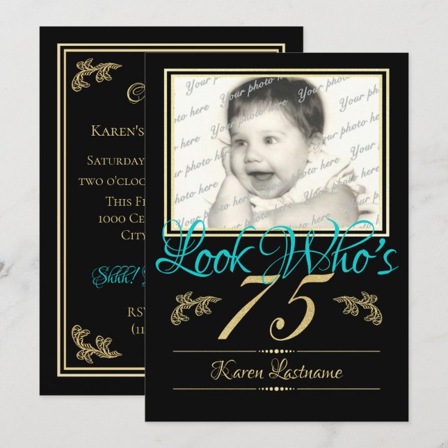 75th Birthday Party with Photo Invitation (Front/Back)
