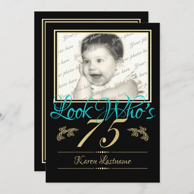 75th Birthday Party with Photo Invitation (Front/Back)