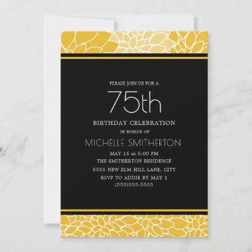 75th Birthday Party Yellow White Black Floral Invitation