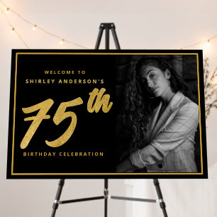 75th Birthday Photo Black Faux Gold Leaf Elegant Foam Board