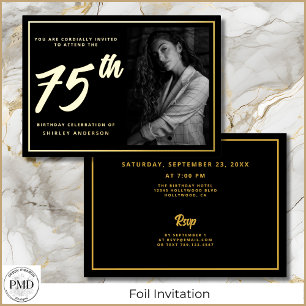 75th Birthday Photo Black Gold Elegant Foil Invitation