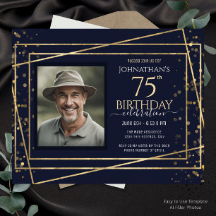 75th Birthday Photo Blue Gold Paper Sheet