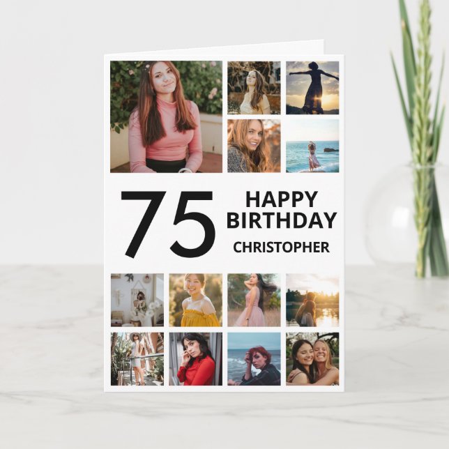 75th Birthday Photo Collage 13 Photos Black White Card (Front)