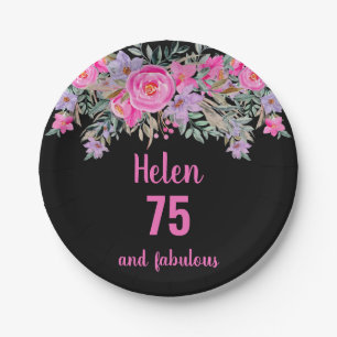75th birthday pink black watercolor floral paper plates