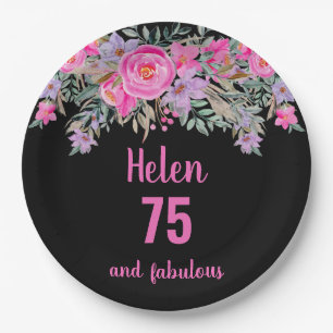 75th birthday pink black watercolor floral  paper plates
