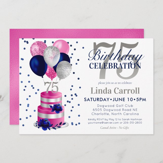 75th Birthday Pink Cake Invitation (Front/Back)