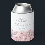 75th Birthday Pink Carnation January Birth Flower Can Cooler<br><div class="desc">Perfect table decor for a January birthday party. Carnation is the birth flower for that month. It forms a pretty watercolor floral bottom border on this festive personalized can cooler. The birthday celebrant's name,  age and birthdate are placed above it using elegant calligraphy and typography. All text is editable.</div>