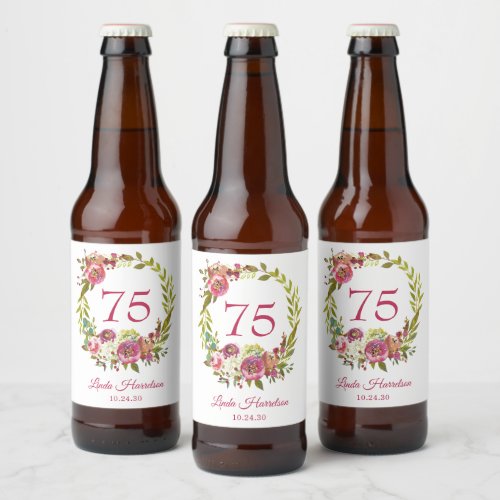 75th Birthday Pink Floral  Beer Bottle Label