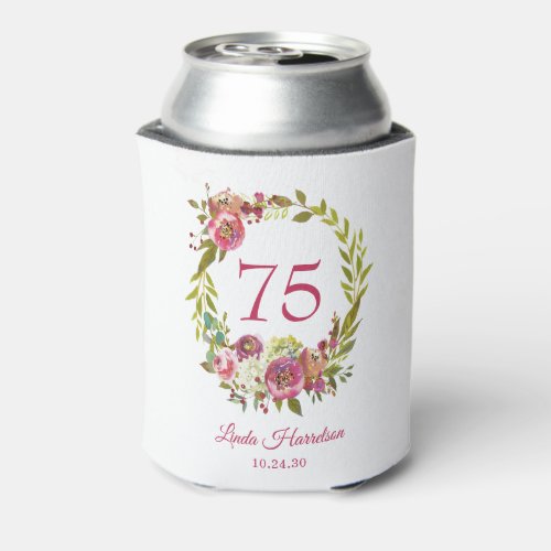 75th Birthday Pink Floral  Can Cooler