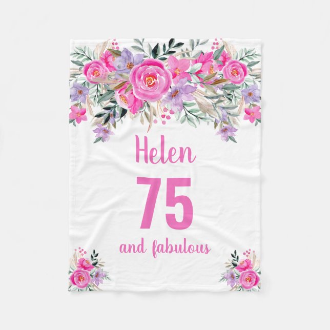 75th birthday pink floral fleece blanket (Front)