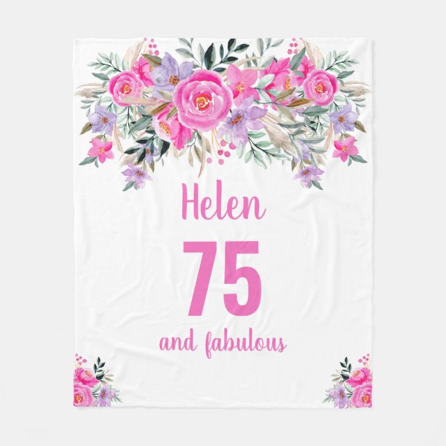 75th birthday pink floral fleece blanket (Front)