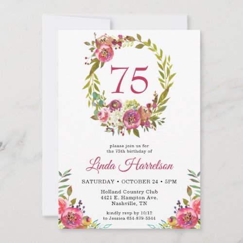 75th Birthday Pink Floral  Invitation