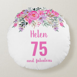 75th birthday pink floral name round pillow