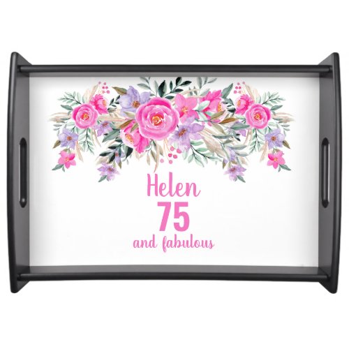 75th birthday pink floral name serving tray