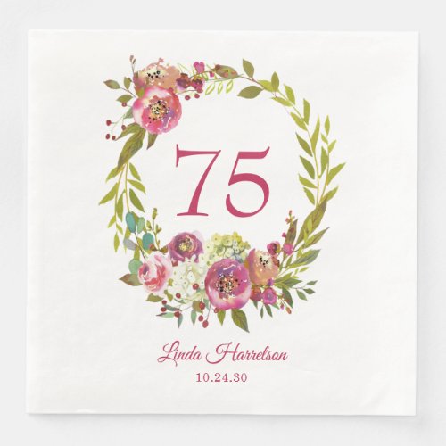75th Birthday Pink Floral  Paper Dinner Napkins