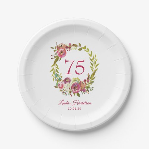 75th Birthday Pink Floral  Paper Plates