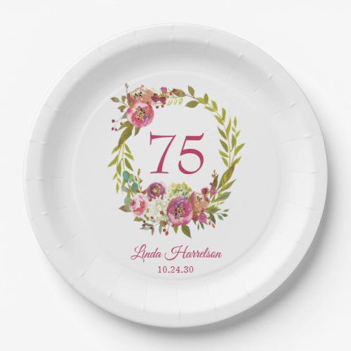 75th Birthday Pink Floral  Paper Plates