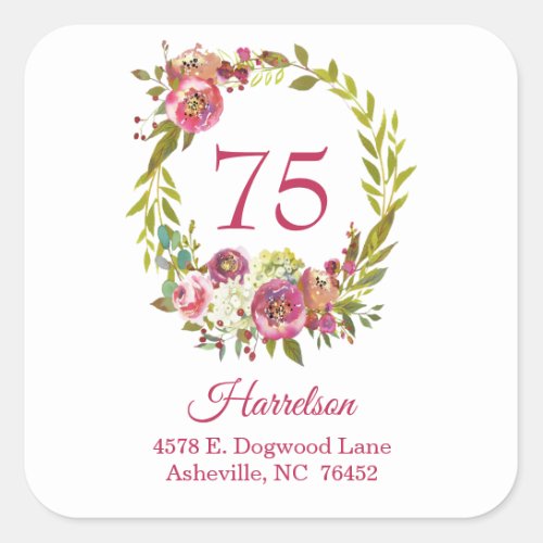 75th Birthday Pink Floral Return Address Square Sticker