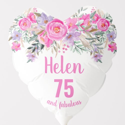 75th birthday pink floral script name balloon