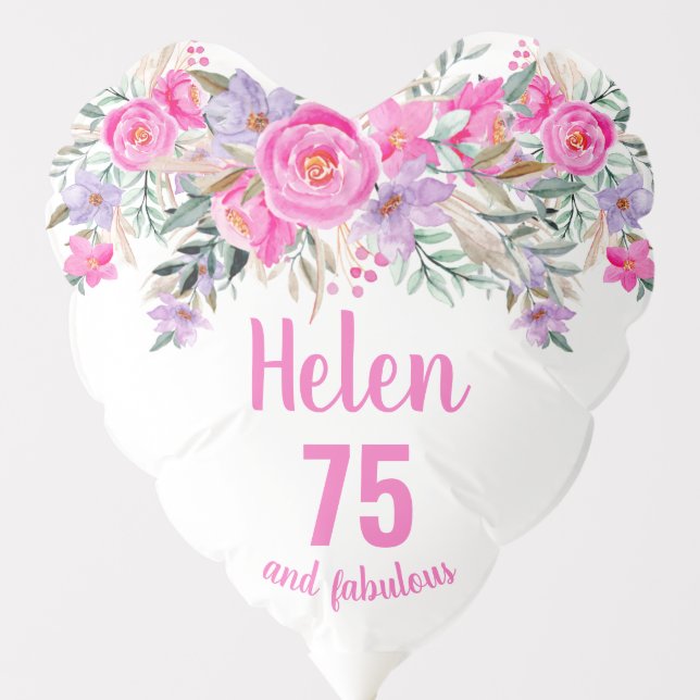 75th birthday pink floral script name balloon (Front)