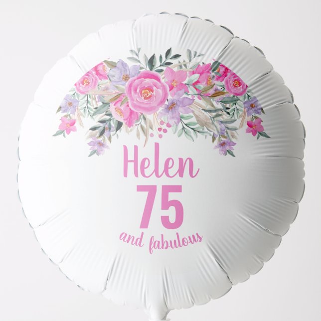 75th birthday pink floral script name balloon (Front)