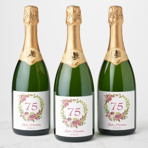 75th Birthday Pink Floral  Sparkling Wine Label