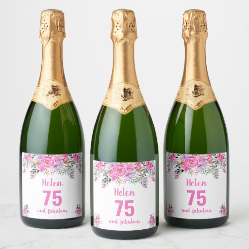 75th birthday pink floral  sparkling wine label