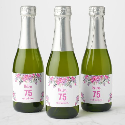 75th birthday pink floral sparkling wine label