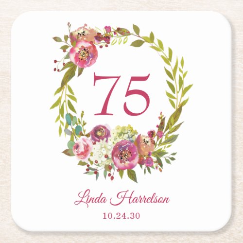 75th Birthday Pink Floral  Square Paper Coaster