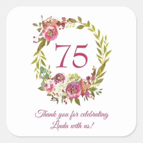 75th Birthday Pink Floral Thank You  Square Sticker