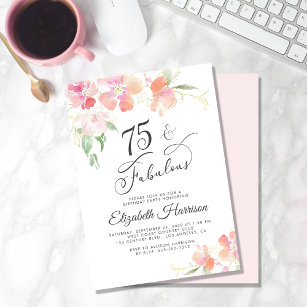  75th Birthday Pink Floral Watercolor Party  Invitation