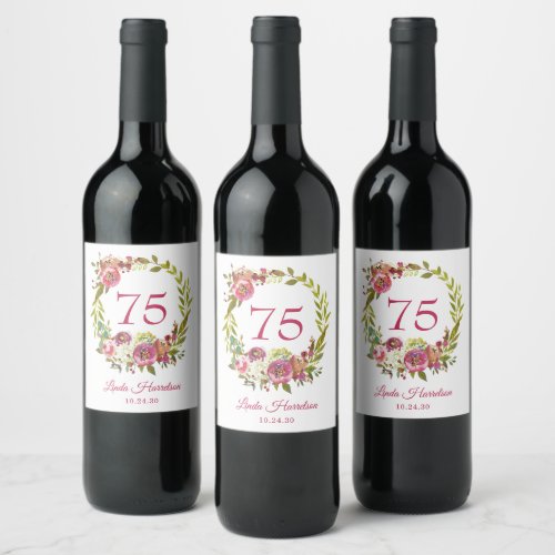 75th Birthday Pink Floral  Wine Label