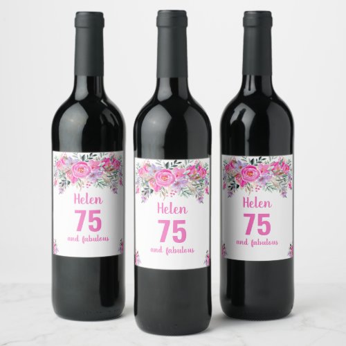 75th birthday pink floral wine label