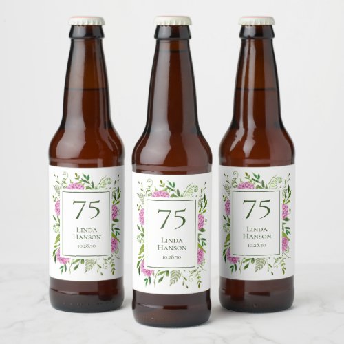 75th Birthday Pink Hydrangeas Beer Bottle Label