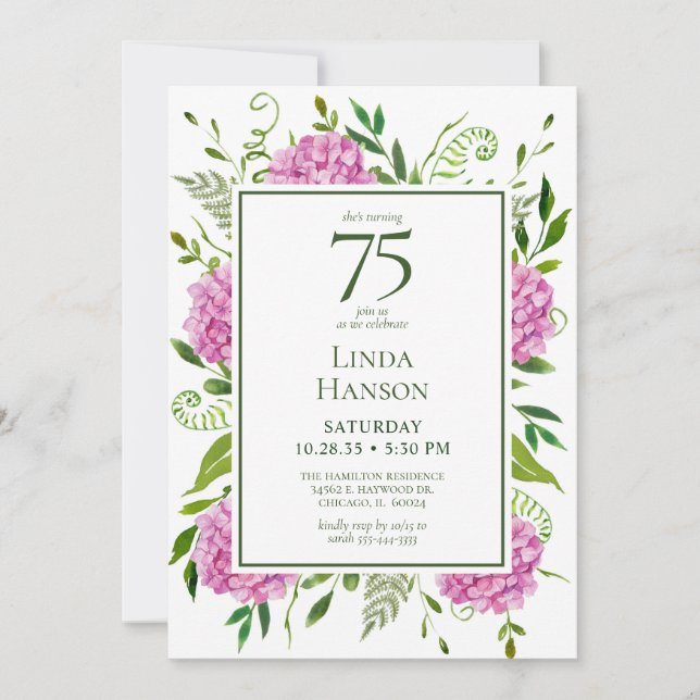 75th Birthday Pink Hydrangeas Card Request  (Front)