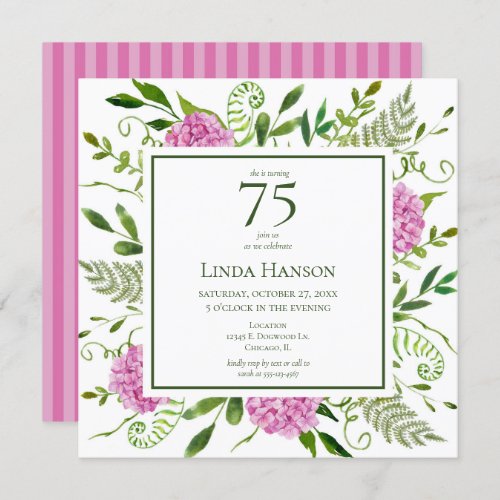 75th Birthday Pink Hydrangeas Invitation