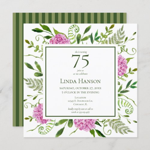 75th Birthday Pink Hydrangeas Invitation