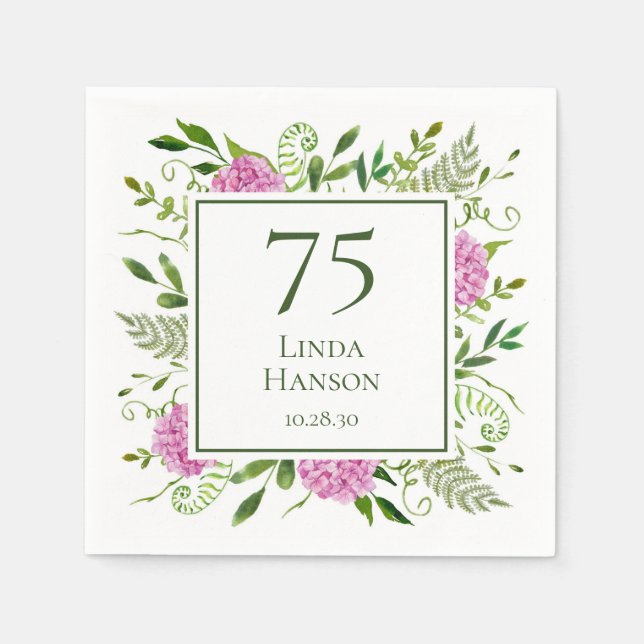75th Birthday Pink Hydrangeas Napkins (Front)