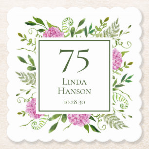 75th Birthday Pink Hydrangeas Paper Coaster