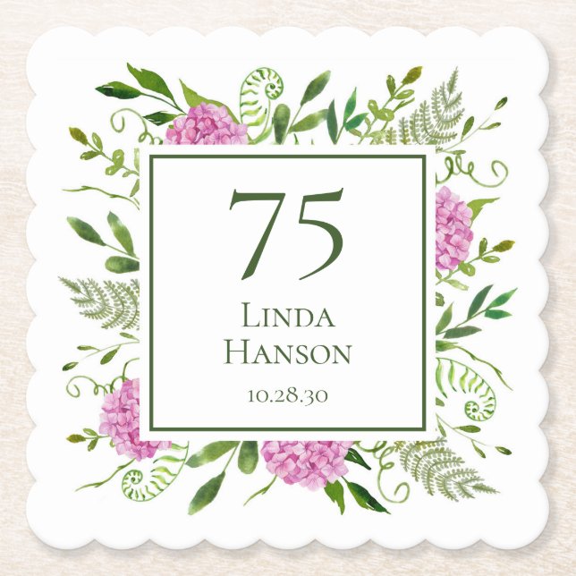 75th Birthday Pink Hydrangeas Paper Coaster (Front)