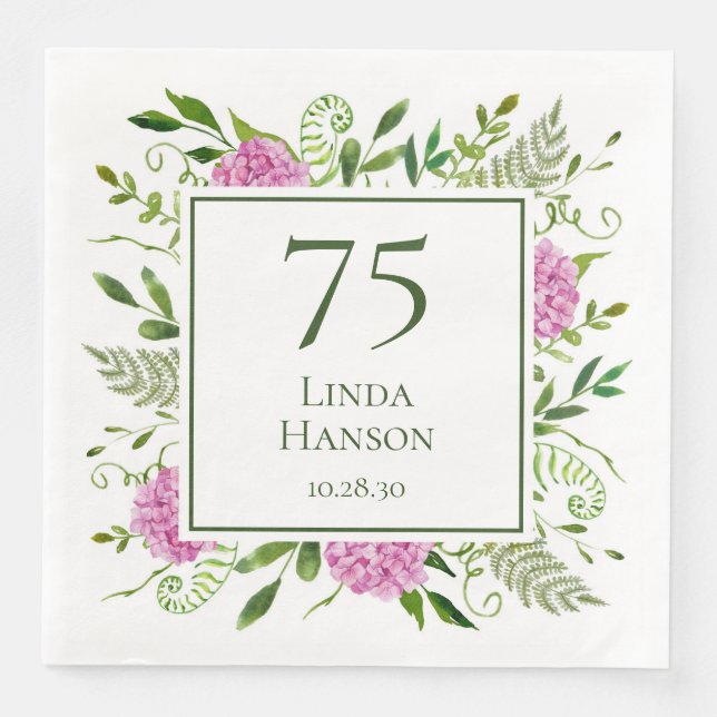 75th Birthday Pink Hydrangeas Paper Dinner Napkins (Front)