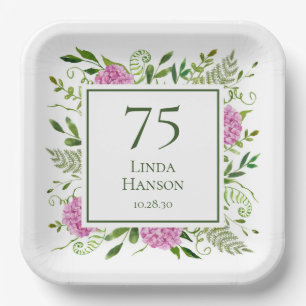 75th Birthday Pink Hydrangeas Paper Plates